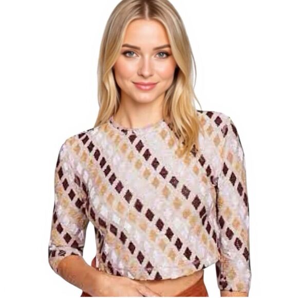Free People 3/4 Sleeve Magic Carpet Chenille Diamond Textured Crop Top - Picture 1 of 6